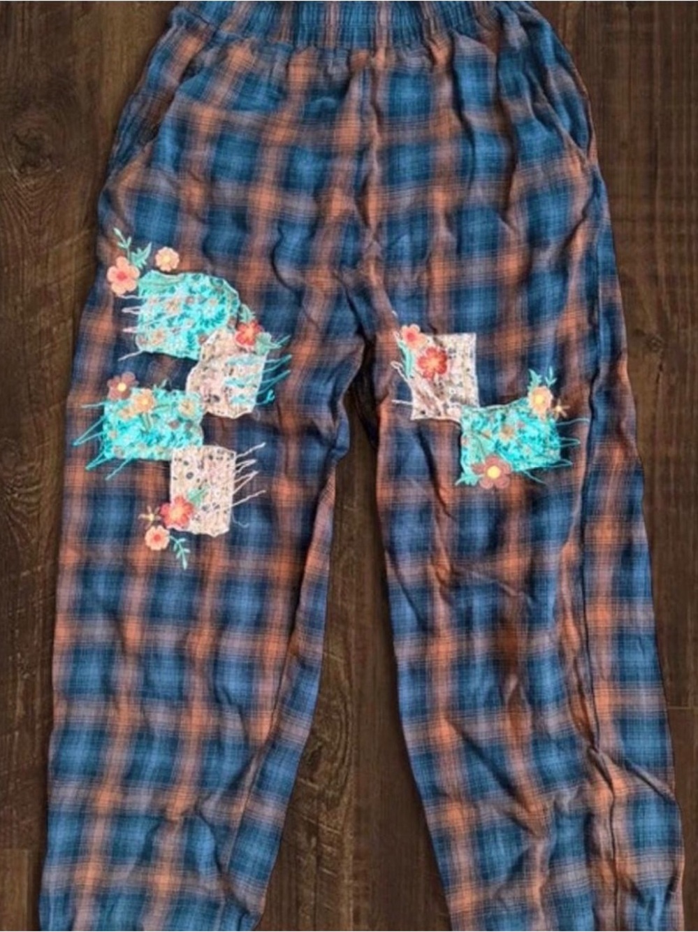 NATURAL LIFE Blue and Orange Plaid Pajama Pants with Floral Patchwork